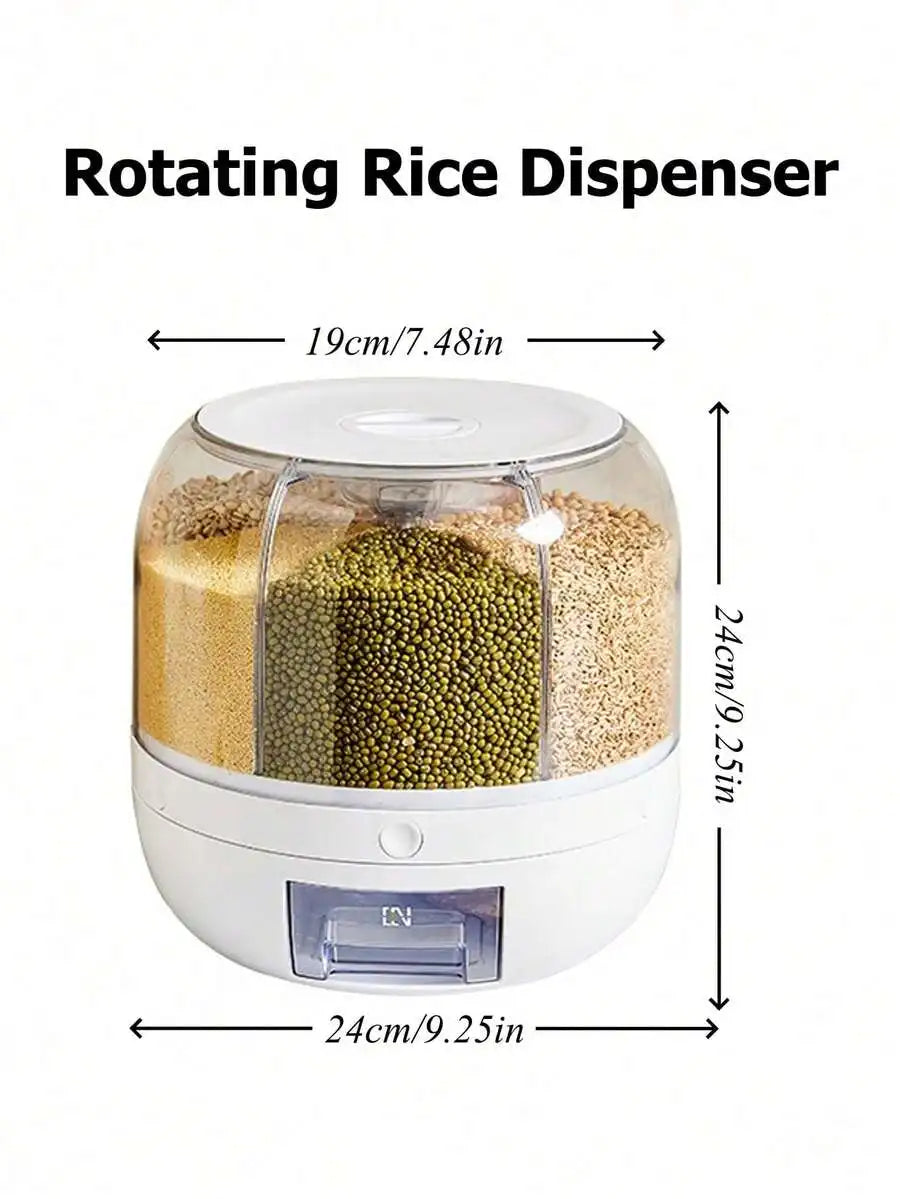 1Pc Divided Rice Bucket Rotating Grain Storage Bin 6 Grids Rice Container One-Click Output Large Capacity Food Dispenser For