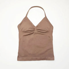 Gym Longline Strappy Top Women Seamless Yoga Tank with Removable Pads V Neck Workout Clothes Sports Running Fitness Vest