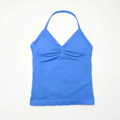 Gym Longline Strappy Top Women Seamless Yoga Tank with Removable Pads V Neck Workout Clothes Sports Running Fitness Vest