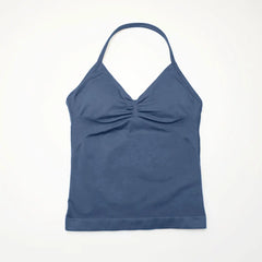 Gym Longline Strappy Top Women Seamless Yoga Tank with Removable Pads V Neck Workout Clothes Sports Running Fitness Vest