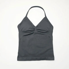 Gym Longline Strappy Top Women Seamless Yoga Tank with Removable Pads V Neck Workout Clothes Sports Running Fitness Vest
