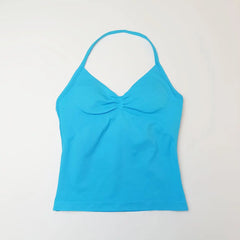 Gym Longline Strappy Top Women Seamless Yoga Tank with Removable Pads V Neck Workout Clothes Sports Running Fitness Vest