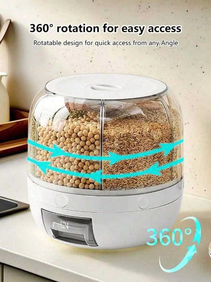 1Pc Divided Rice Bucket Rotating Grain Storage Bin 6 Grids Rice Container One-Click Output Large Capacity Food Dispenser For