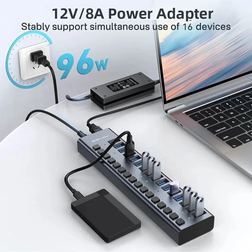 16/10/7 Port USB Hub 10Gbps Individual Switch Charging Data Transfer for PC Laptop Workstation Multi Device Expansion