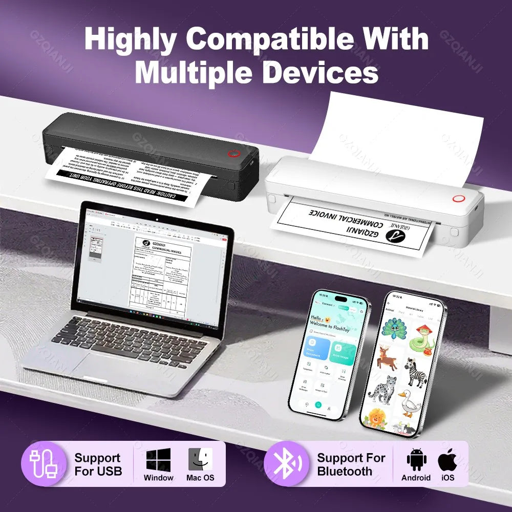 Portable A4 Thermal Printer | No Ink, Bluetooth, Prints PDF/Word/Excel Anywhere