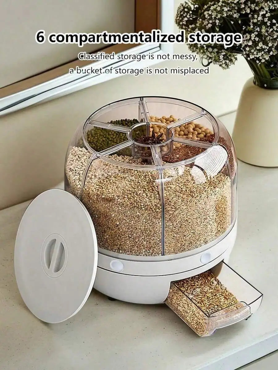 1Pc Divided Rice Bucket Rotating Grain Storage Bin 6 Grids Rice Container One-Click Output Large Capacity Food Dispenser For