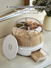 1Pc Divided Rice Bucket Rotating Grain Storage Bin 6 Grids Rice Container One-Click Output Large Capacity Food Dispenser For