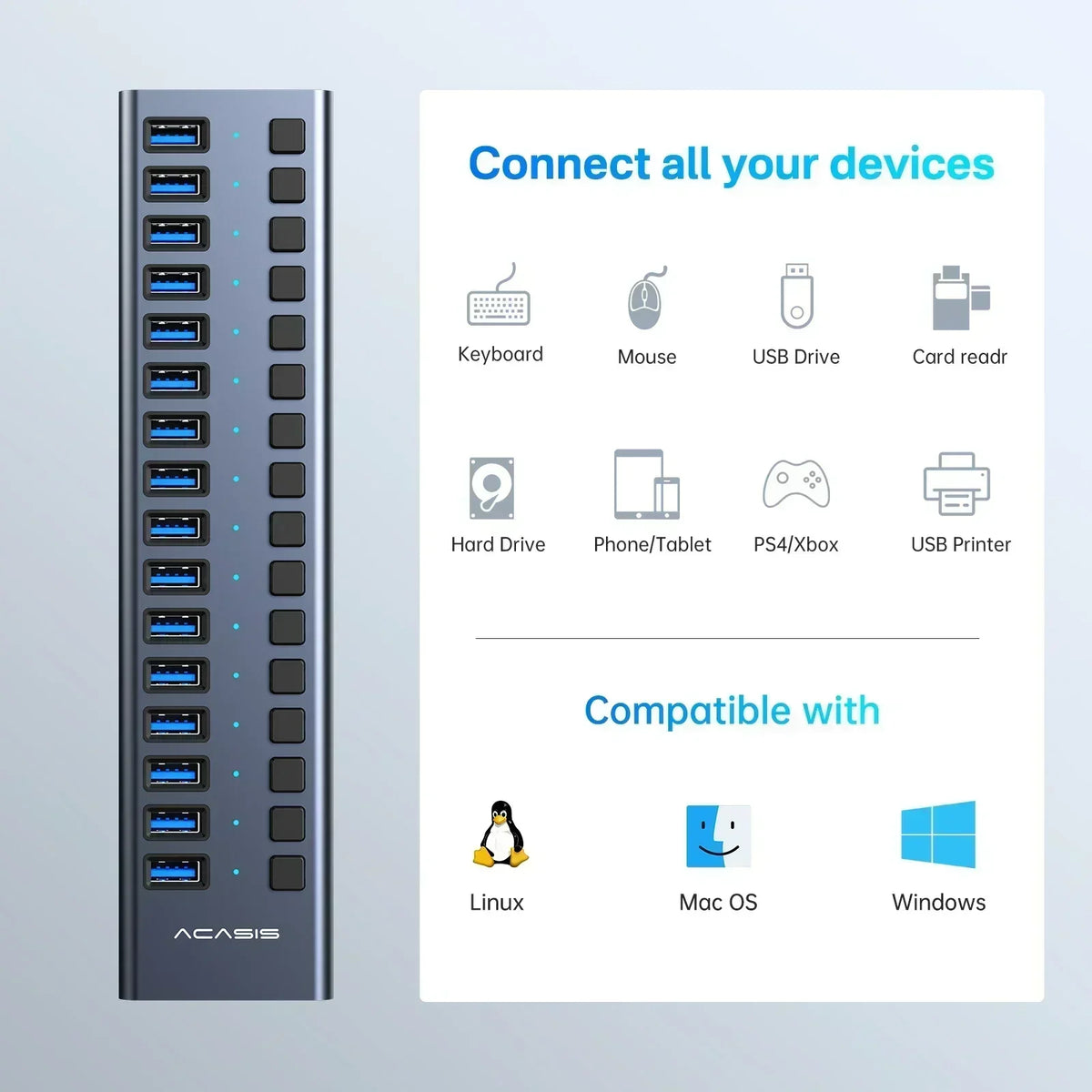 USB 3.1 Hub | 16/10/7 Ports, 10Gbps Data Transfer, Individual Switches, Powered