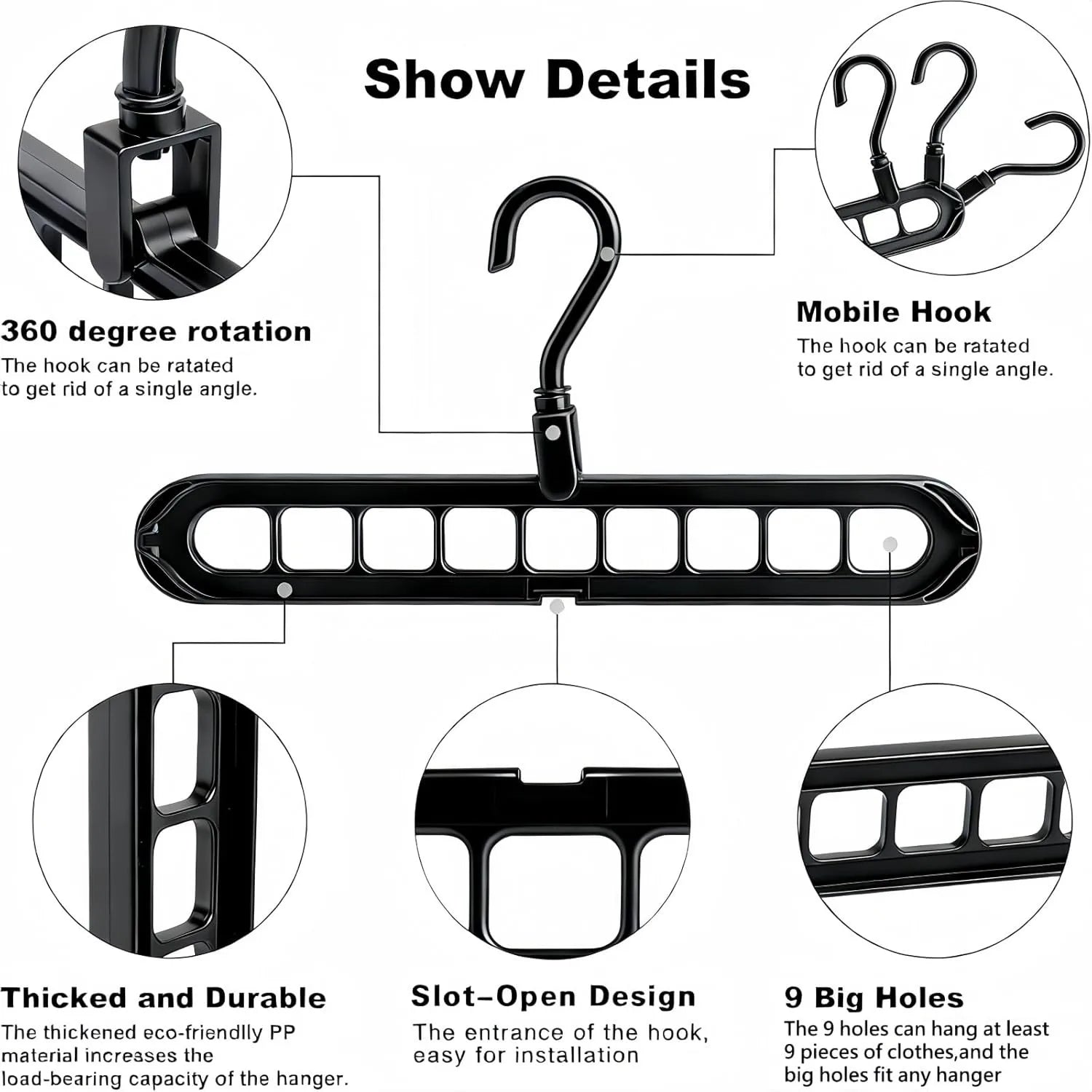 Sturdy Space Saver Hangers with 360° Rotatable Hook - Multi-Purpose Closet Organizers for Small Spaces | College Dorm & Apartment Essentials (2, Black)