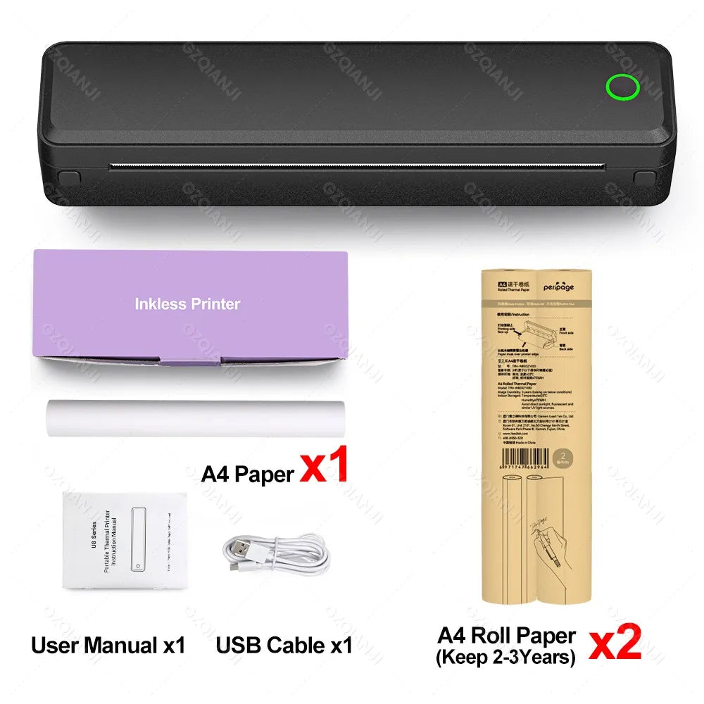 Portable A4 Thermal Printer | No Ink, Bluetooth, Prints PDF/Word/Excel Anywhere
