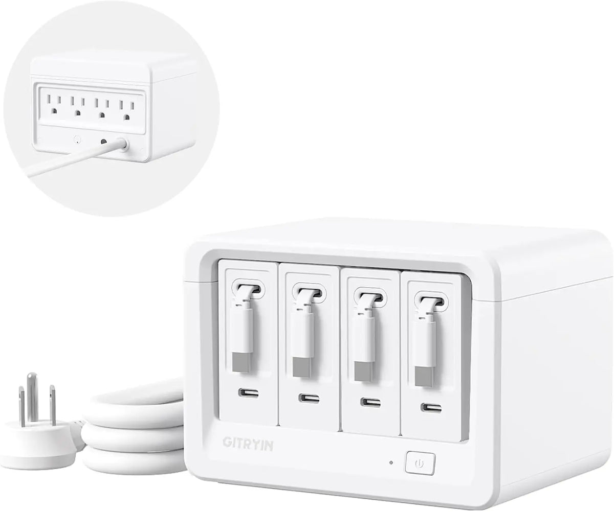 12-in-1 Desktop Charging Station | 4 Retractable USB-C Chargers, 4 AC Outlets, Surge Protection