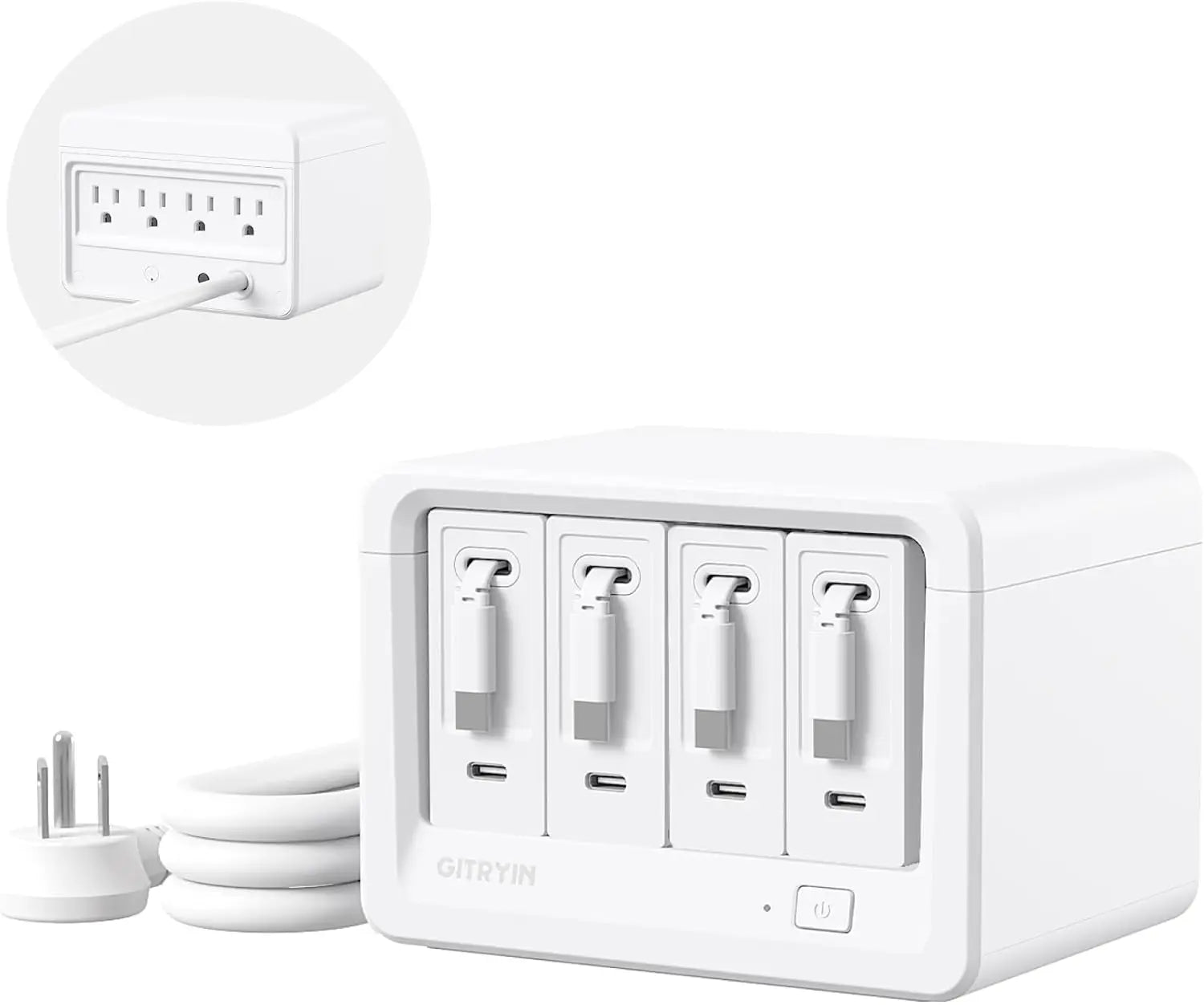12-In-1 Desktop Charging Station with 4 Retractable Wall Chargers, 40W USB-C Power Strip, 4 AC Outlets, Surge Protection for Home Office