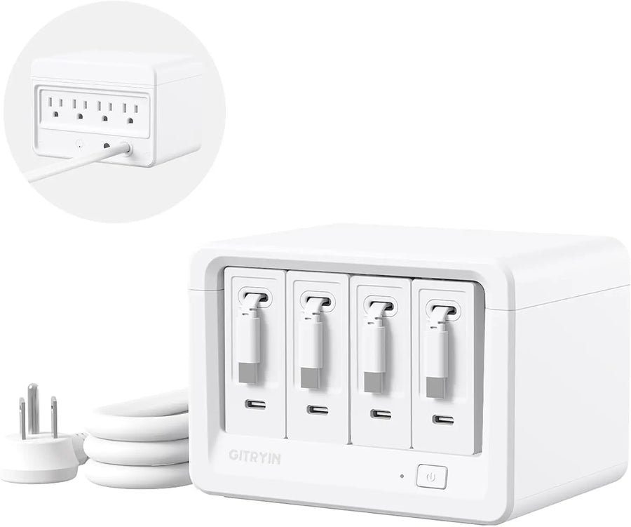 12-In-1 Desktop Charging Station with 4 Retractable Wall Chargers, 40W USB-C Power Strip, 4 AC Outlets, Surge Protection for Home Office