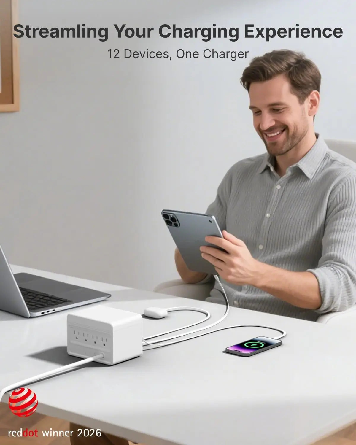 12-in-1 Desktop Charging Station | 4 Retractable USB-C Chargers, 4 AC Outlets, Surge Protection