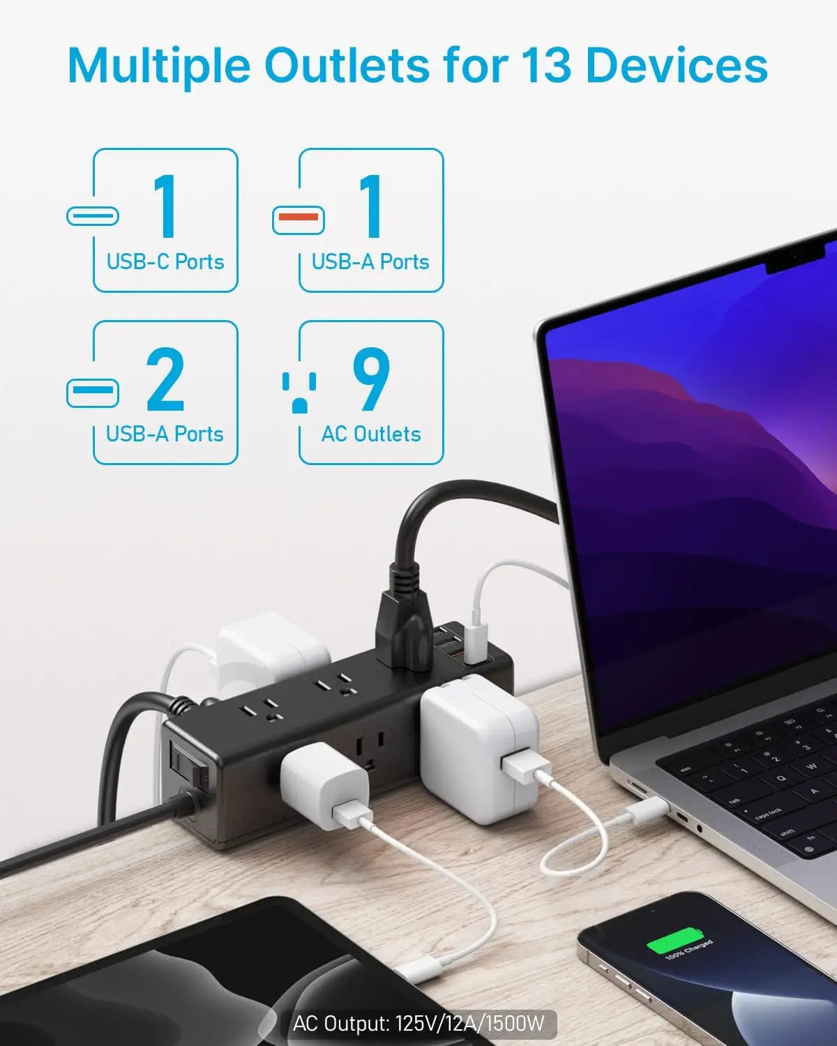 Desk Clamp Power Strip with 9 Outlets, Desktop Edge Mount Surge Protector with USB-C and USB-A, Widely Spaced Fast Charging