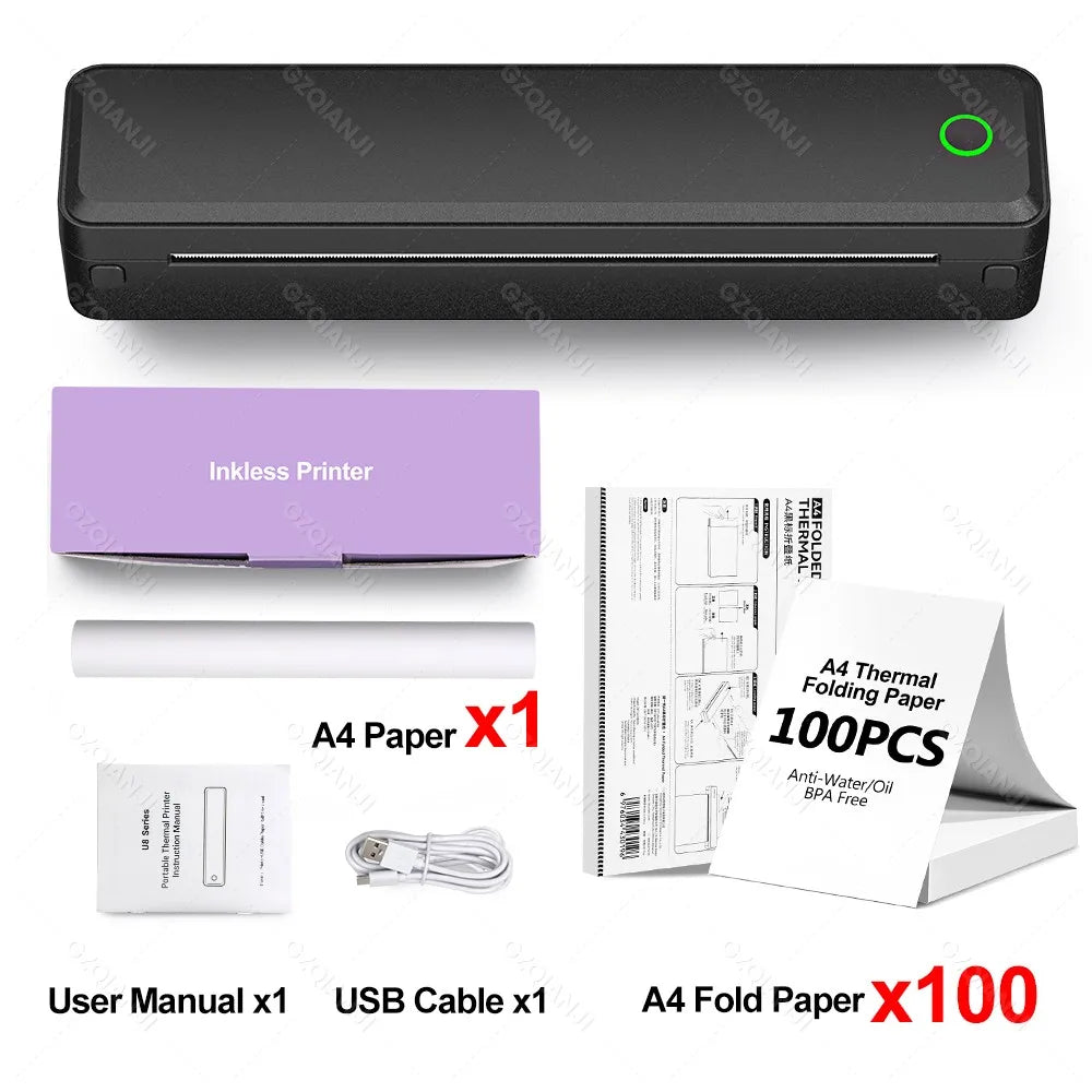 Portable A4 Thermal Printer | No Ink, Bluetooth, Prints PDF/Word/Excel Anywhere