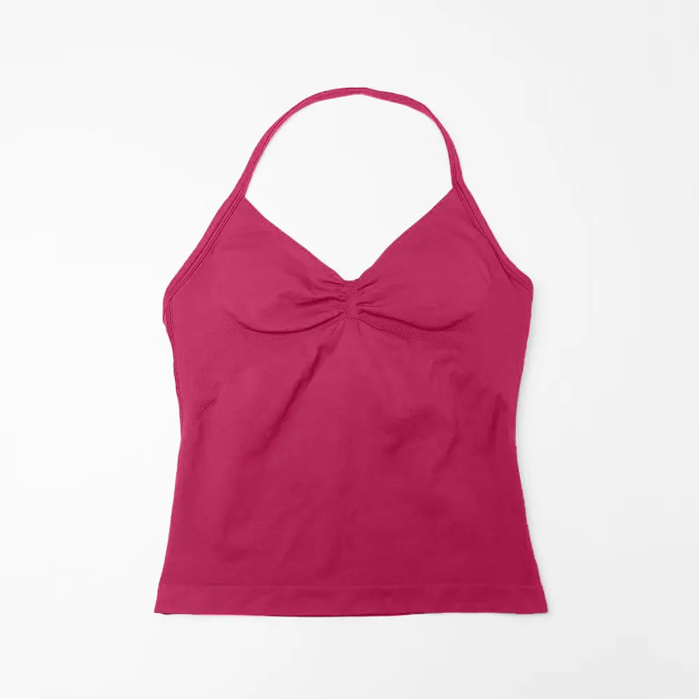Gym Longline Strappy Top Women Seamless Yoga Tank with Removable Pads V Neck Workout Clothes Sports Running Fitness Vest