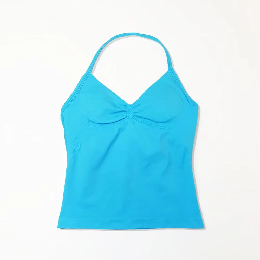 Gym Longline Strappy Top Women Seamless Yoga Tank with Removable Pads V Neck Workout Clothes Sports Running Fitness Vest