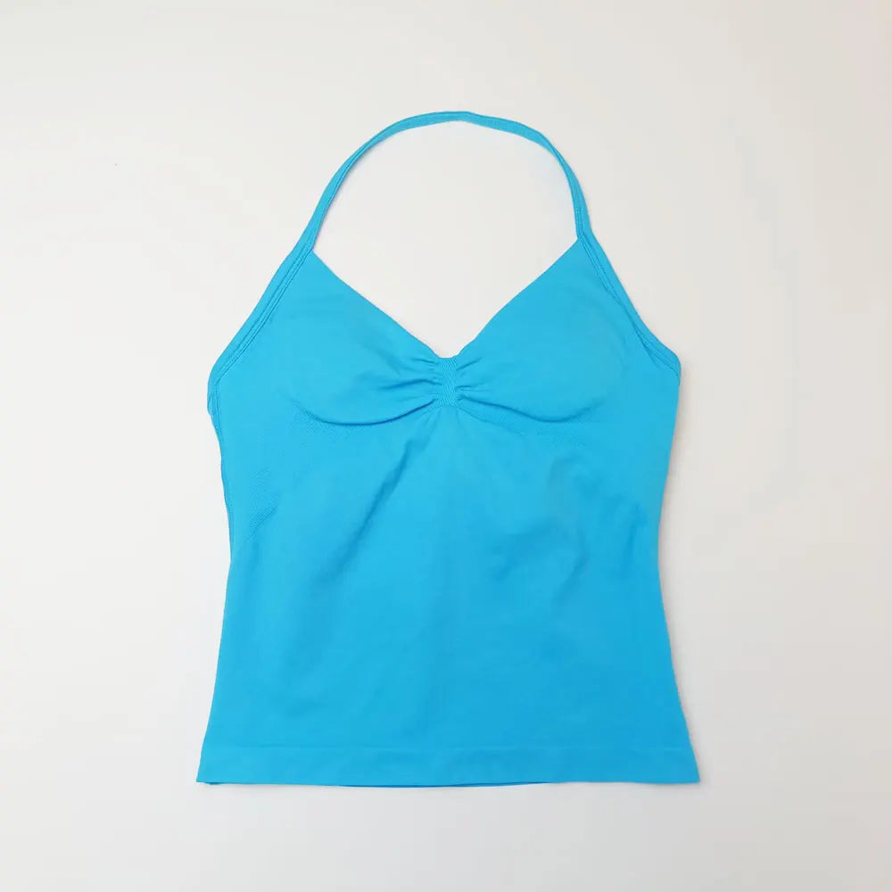 Gym Longline Strappy Top Women Seamless Yoga Tank with Removable Pads V Neck Workout Clothes Sports Running Fitness Vest
