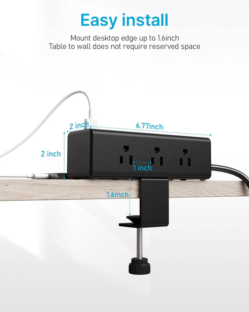 Desk Clamp Power Strip with 9 Outlets, Desktop Edge Mount Surge Protector with USB-C and USB-A, Widely Spaced Fast Charging
