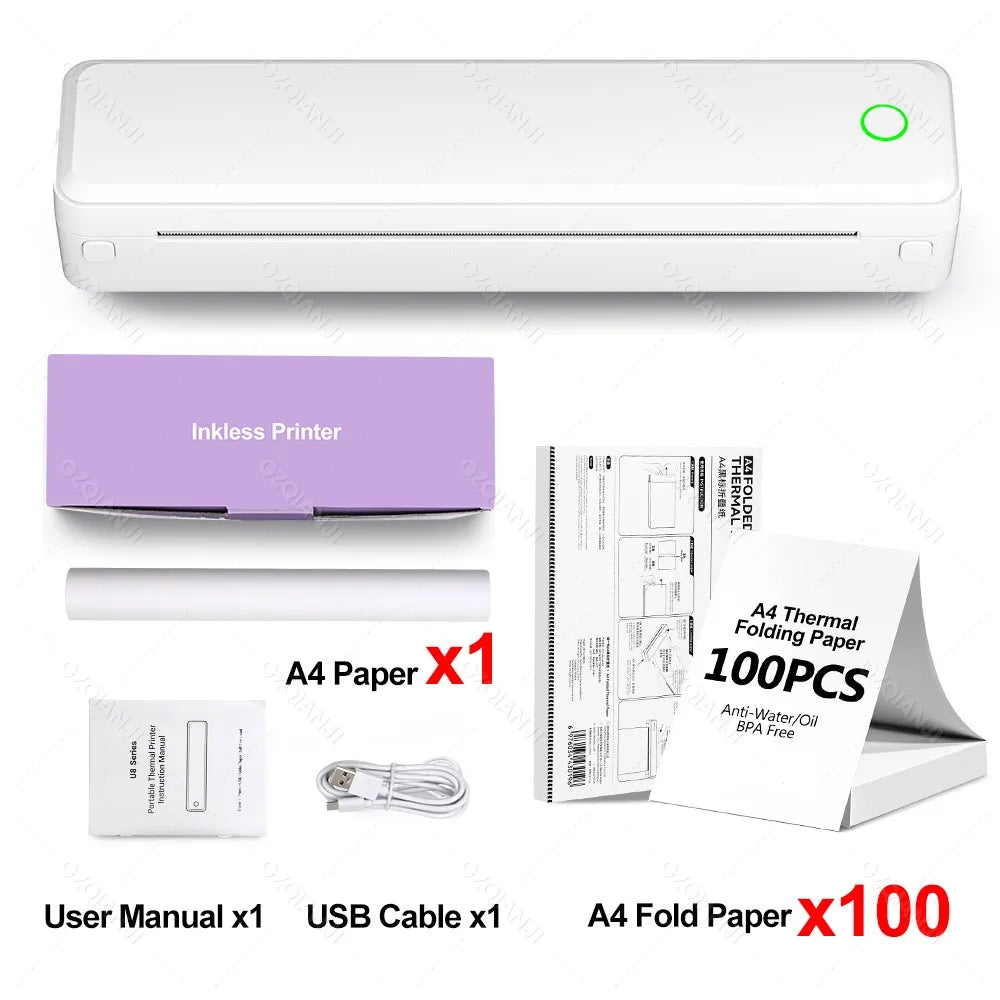 Portable A4 Thermal Printer | No Ink, Bluetooth, Prints PDF/Word/Excel Anywhere
