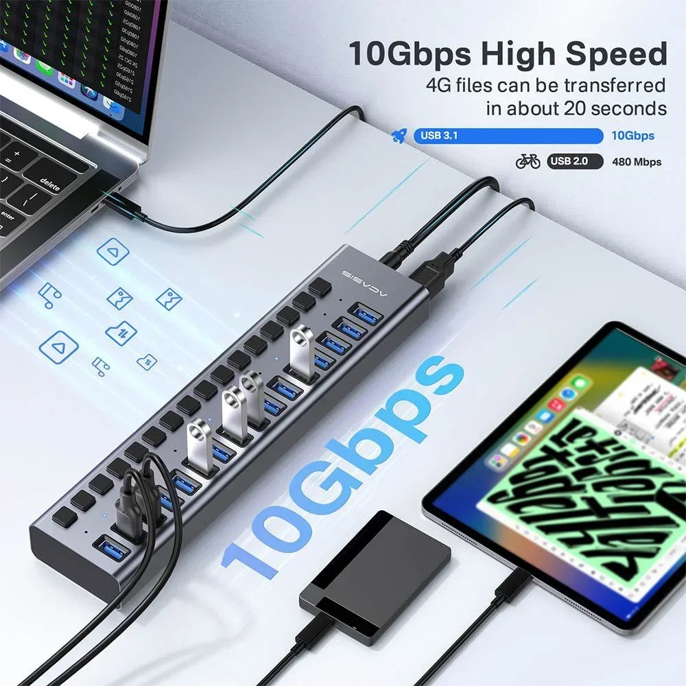 USB 3.1 Hub | 16/10/7 Ports, 10Gbps Data Transfer, Individual Switches, Powered