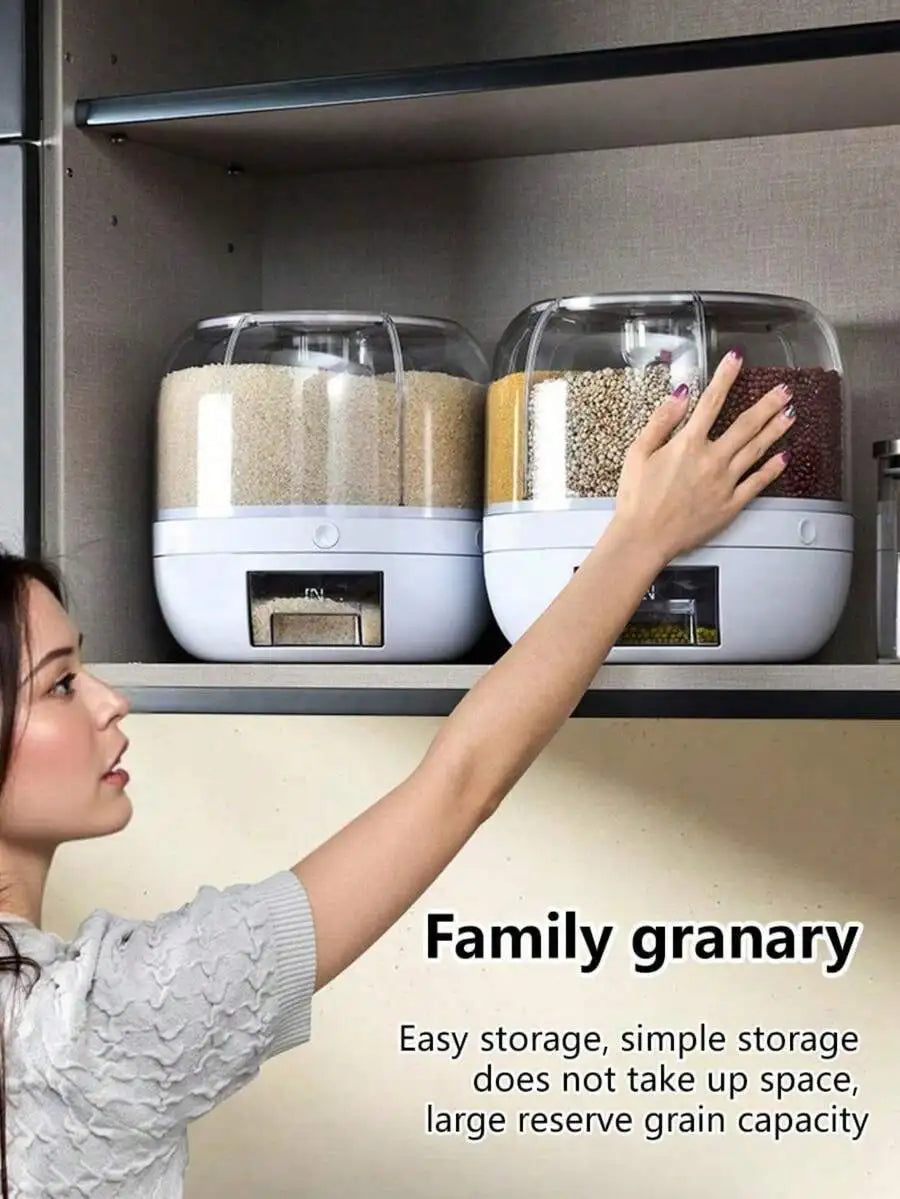 1Pc Divided Rice Bucket Rotating Grain Storage Bin 6 Grids Rice Container One-Click Output Large Capacity Food Dispenser For