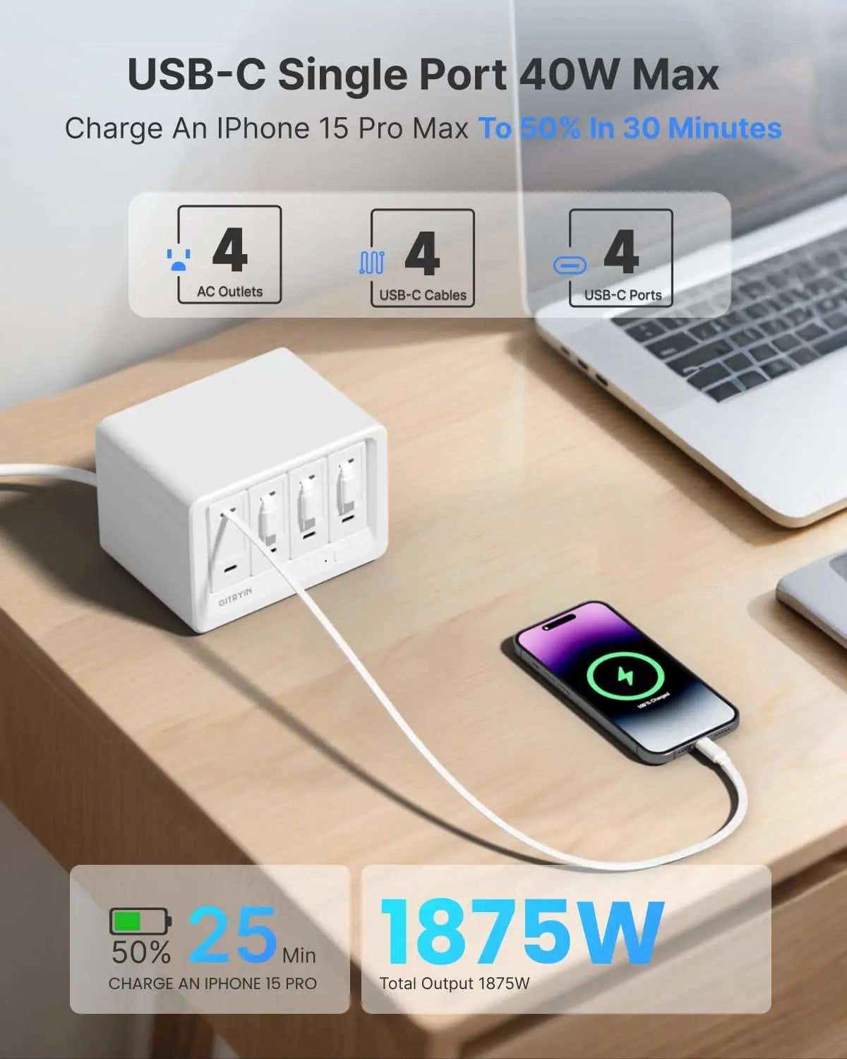 12-in-1 Desktop Charging Station | 4 Retractable USB-C Chargers, 4 AC Outlets, Surge Protection